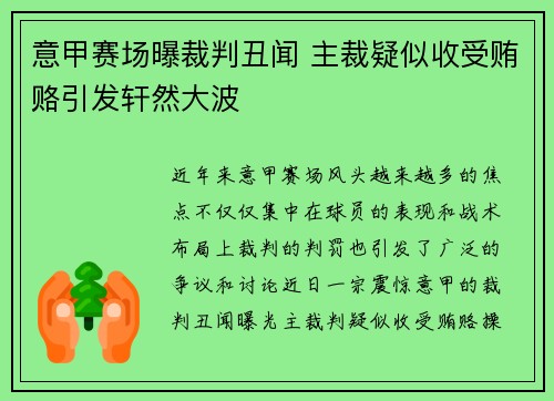 意甲赛场曝裁判丑闻 主裁疑似收受贿赂引发轩然大波