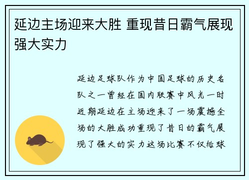 延边主场迎来大胜 重现昔日霸气展现强大实力
