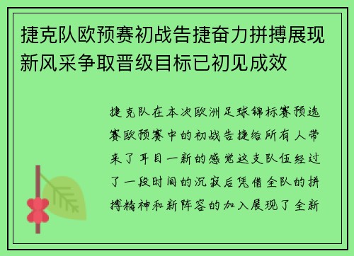 捷克队欧预赛初战告捷奋力拼搏展现新风采争取晋级目标已初见成效