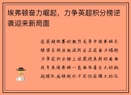 埃弗顿奋力崛起，力争英超积分榜逆袭迎来新局面