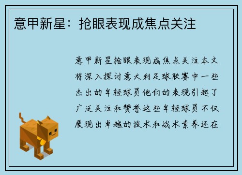 意甲新星：抢眼表现成焦点关注