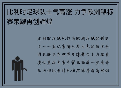 比利时足球队士气高涨 力争欧洲锦标赛荣耀再创辉煌