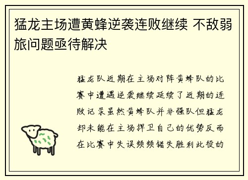 猛龙主场遭黄蜂逆袭连败继续 不敌弱旅问题亟待解决
