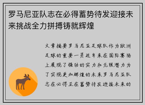 罗马尼亚队志在必得蓄势待发迎接未来挑战全力拼搏铸就辉煌