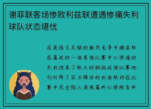 谢菲联客场惨败利兹联遭遇惨痛失利球队状态堪忧