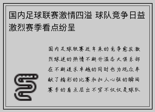 国内足球联赛激情四溢 球队竞争日益激烈赛季看点纷呈